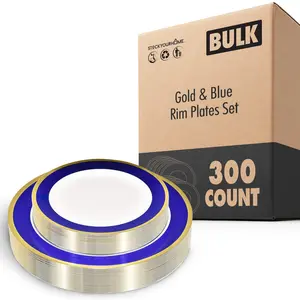 300 Piece Gold & Blue Rim Plates Set