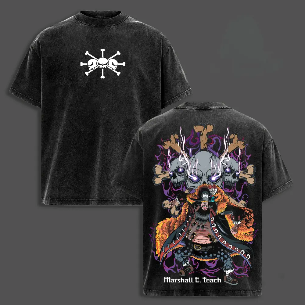 Marshall D. Teach (Blackbeard) Anime Double-sided Print Retro Washed Unisex Plus Size Anime Comic Washed Heavyweight Pure Cotton T-shirt, 230g pure cotton fabric, a perfect gift for anime fans and enthusiasts.