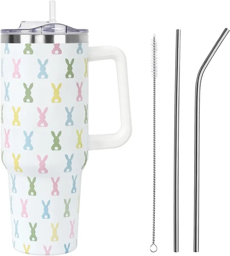 40 oz Thermal Vacuum Insulated Stainless Steel Tumbler - Leak-Proof, Portable, Reusable Kitchen Drinkware with Handle, Straw Lid, Pink Bunny Rabbit Easter Cup, Cute Spring Gift for Women