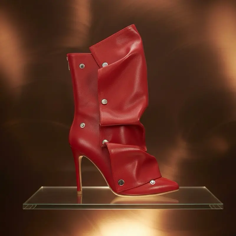 Nayla Red Ruffle Bootie - High Heel Stiletto Boots with Button Detail and Ruffle Design for Women