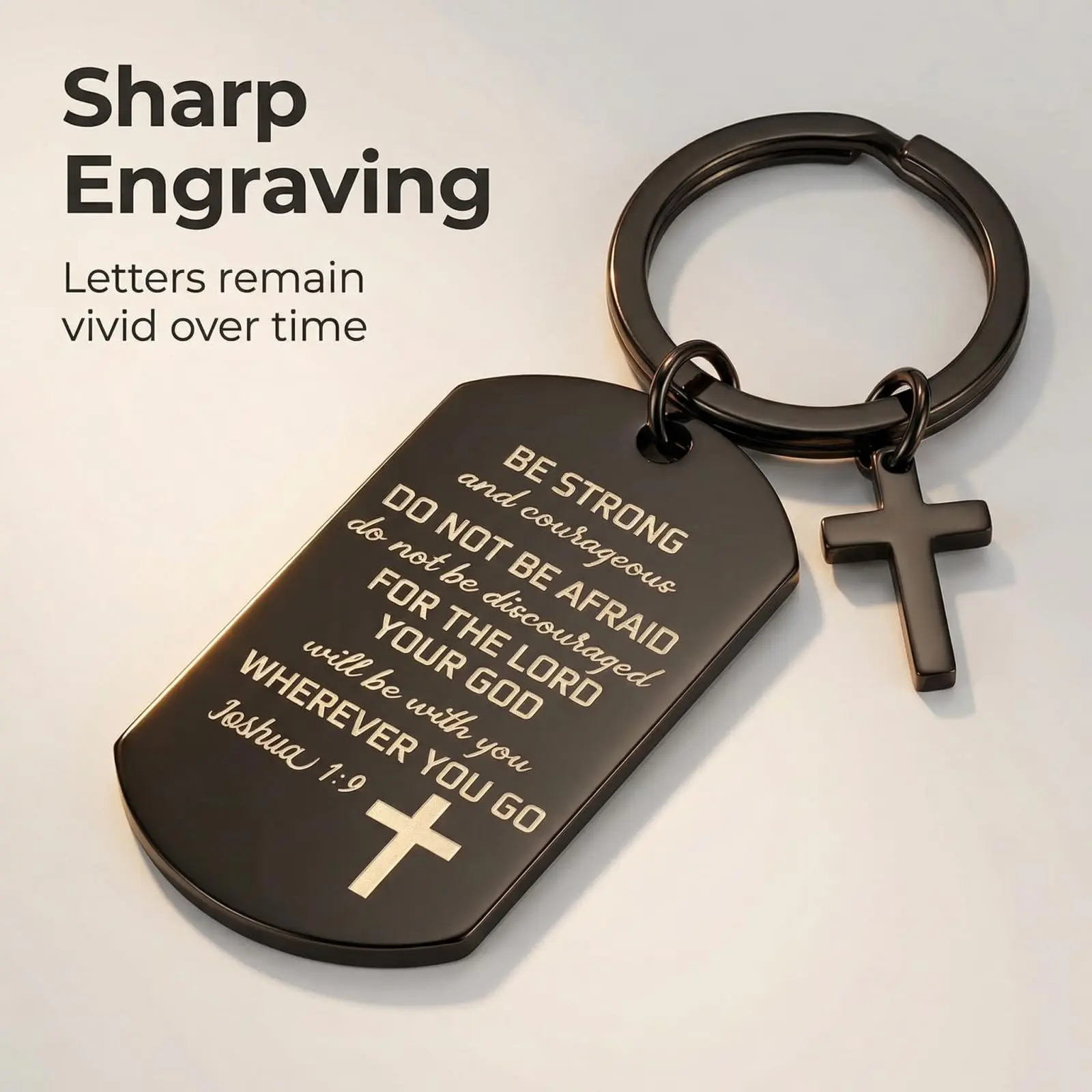 Men's Christian Dog Tag Keychain, Black Stainless Steel with Engraved Joshua 1:9 Scripture and Cross Charm, Inspirational Faith Gift for Boyfriend, Keychain For Boyfriend, Male, Solid, Masculine, Everyday, Laser Etch