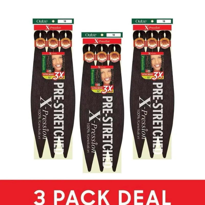 OUTRE Braids X-Pression Kanekalon 3X Ultra Pre-Stretched Braid 52" - 3 Pack Straight Texture Synthetic Hair Extension for Braided Looks