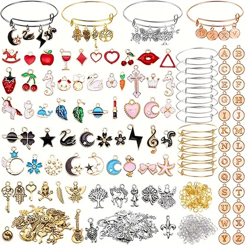 Unisex 536-Piece DIY Bead Set - 536 Pcs to Create Mix Color & Letter Bracelet Kit Set, 20 Adjustable 2.6in (6.5cm) Bands, 116 Colored/Antique Golden/Antique Silvery Charms, 400 Open Loops, Jewelry Making Tools for Handmade Gifts