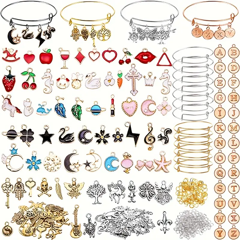 Unisex 536-Piece DIY Bead Set - 536 Pcs to Create Mix Color & Letter Bracelet Kit Set, 20 Adjustable 2.6in (6.5cm) Bands, 116 Colored/Antique Golden/Antique Silvery Charms, 400 Open Loops, Jewelry Making Tools for Handmade Gifts