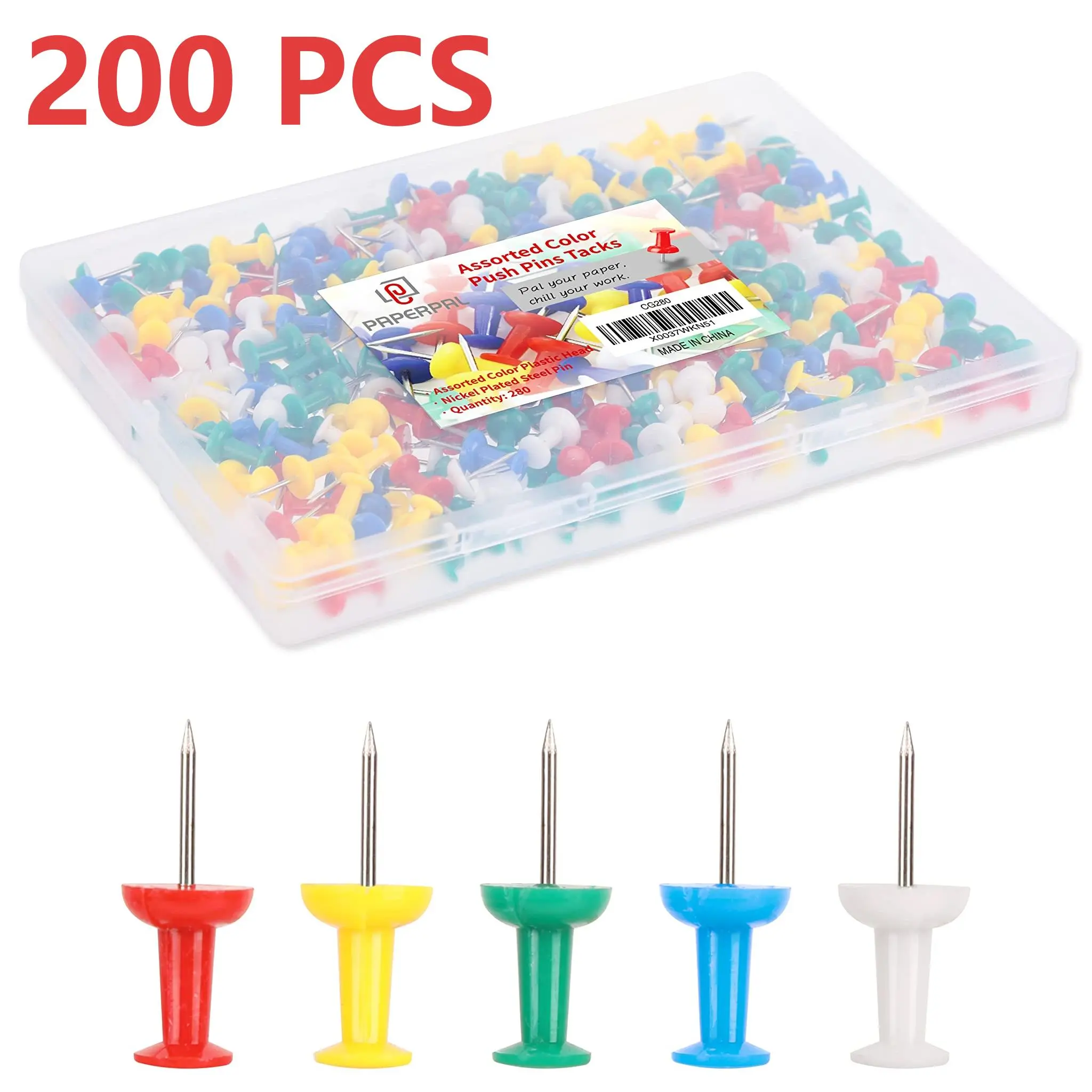 Assorted Colors Push Pins for Cork Boards, 1 Inch, 200 Count | Colorful thumb tacks for bulletin boards, wall hangings, offices and schools, packed in a reusable plastic storage box.