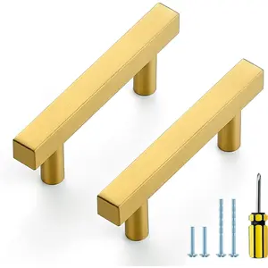 10 Pack Gold Cabinet Handles 2-1/2 Inch Brushed Brass Square Cabinet Pulls Gold for Cabinets - 4 Inch Total Length