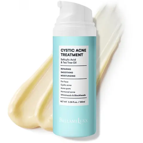 BellamiLuxx Cystic & Hormonal Acne Treatment Bottle - Salicylic Acid, Tea Tree Oil Exfoliating Cream for Adults, Anti Blemish, Blemish Relief Care, Redness Relief, 3.38 fl oz Acid-Based Solution