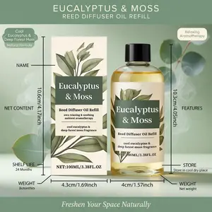 Eucalyptus Moss Scented Aromatherapy Diffuser Oil Refill Bottle - Fresh Woody Forest Scent, Long-Lasting Elegant Home Fragrance, Room Air Freshener with Diffuser Stick, Home Essentials