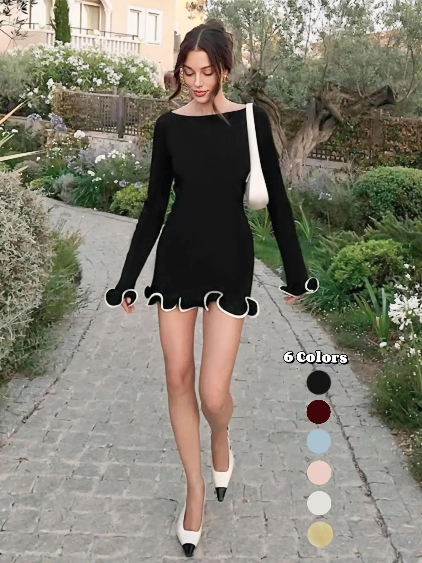 Women's Elegant Colorblock Wave Hem A-Line Long Sleeve Knit Dress, Fall & Winter Plain Pattern Tight-Fitting Casual