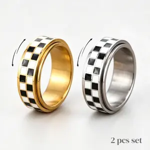 2PCS Checkered Fidget Ring for Adults, 18K Gold-Plated Stainless Steel, Stress Relief Accessory with Fashionable Geometric Design, Ideal Gift