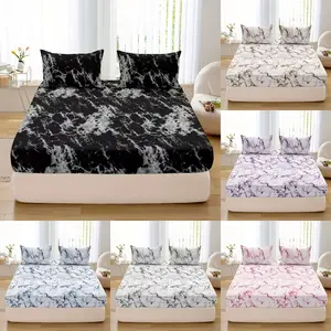 3-Piece Marble Bedding Set, Includes Fitted Sheet & Pillowcases, Breathable Polyester Fiber, All Seasons
