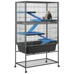 5-Level Metal Ferret Cage with 6.88" Slide Out Deep Tray, 59" Chinchilla Cage with Wheels & Non-Slip Flannel Covered Ramps, Perfect for Small Animals, Rabbits, Pet Mink, Squirrel