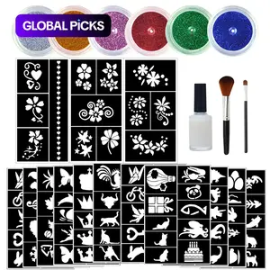 Temporary Glitter Tattoo Kit, 6 Counts Glitter Tattoos for Body Art Painting & 14 Sheets Unique Templates Stencils & 1 Count Glue & 2 Counts Brush, Body Art Painting Tool for Women & Girls, Shimmering Body Makeup #GLOBAL PICKS