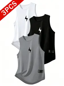 3-Pack Quick-Dry Breathable Sleeveless Training Tops, Sports Tank Tops, Moisture-Wicking Sport Wear, Gym Running Daily Use, Round Neck Striped Design, Multiple Colors
