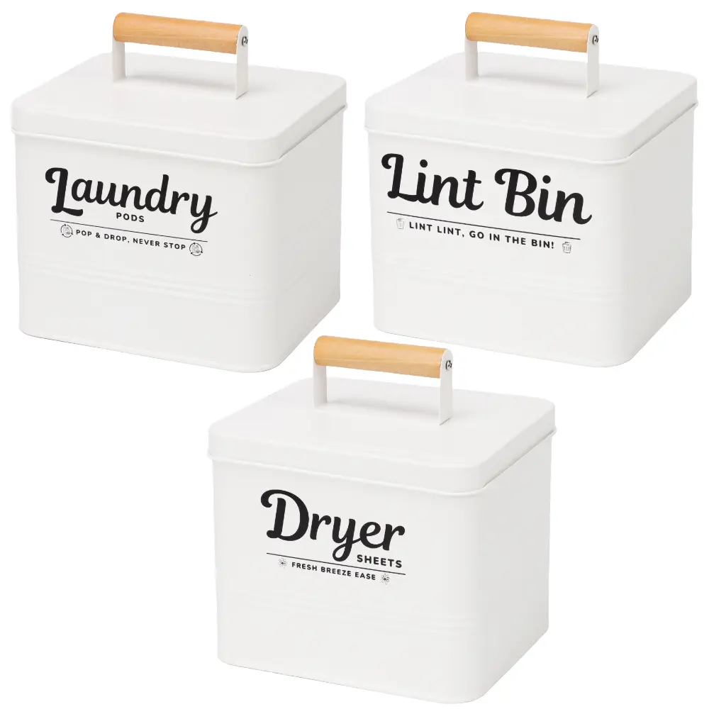 IvaSky Farmhouse Metal Laundry Organizer - Metal Dryer Sheet Holder, Laundry Pods Container, and Lint Bin Storage Boxes Set