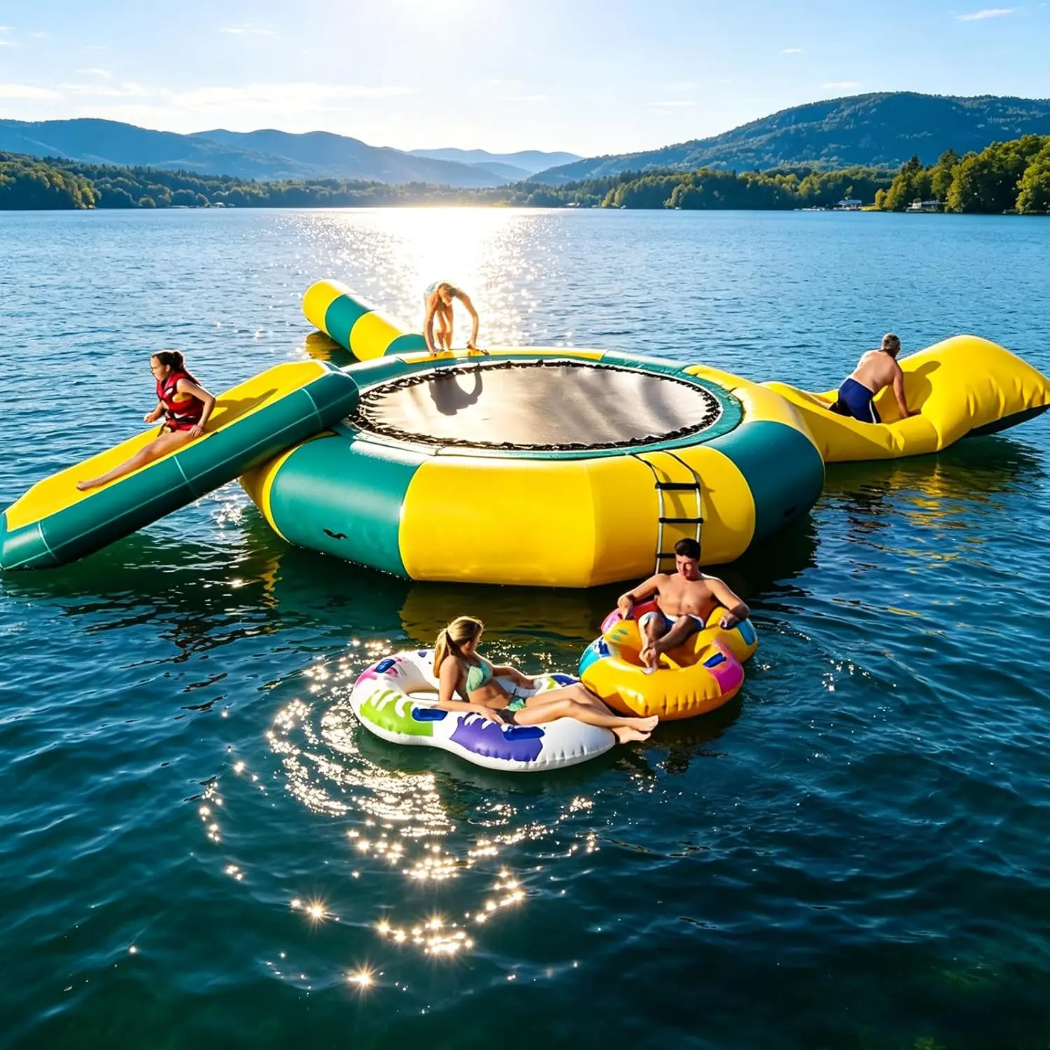 Inflatable Water Trampoline, Floating Water Bouncer with Slide Tube, Portable Bounce Swim Platform, Electric Air Pump & 3-Step Ladder, Rebounder for Kids Adults Lake Pool Water Sports (16FT)