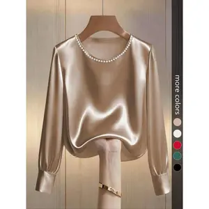 Women’s fashionable long-sleeved top, elegant satin round-neck shirt, suitable for both casual and formal office commuting