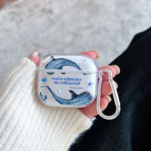 Oceanic Divine Assurance Pattern TPU Soft Protective Case for Apple AirPods 4/3/2/1/Pro/Pro2 Transparent Earphone Cover with Keychain Attachment