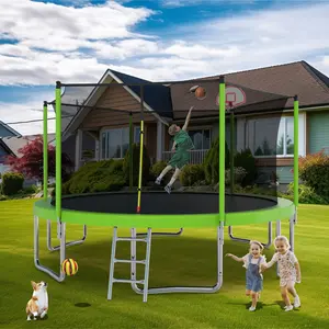 14FT Trampoline with Safety Enclosure Net & Ladder Heavy Duty Galvanized Steel Construction Outdoor Backyard Recreational Trampoline for Kids Teens Adults