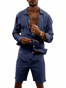 Men's 2 Piece Linen Outfit Set, Pure Color Long Sleeve Button Down Shirt & Shorts, Lightweight Breathable Fabric, Casual Beach Suit for Summer Vacation & Resort Wear