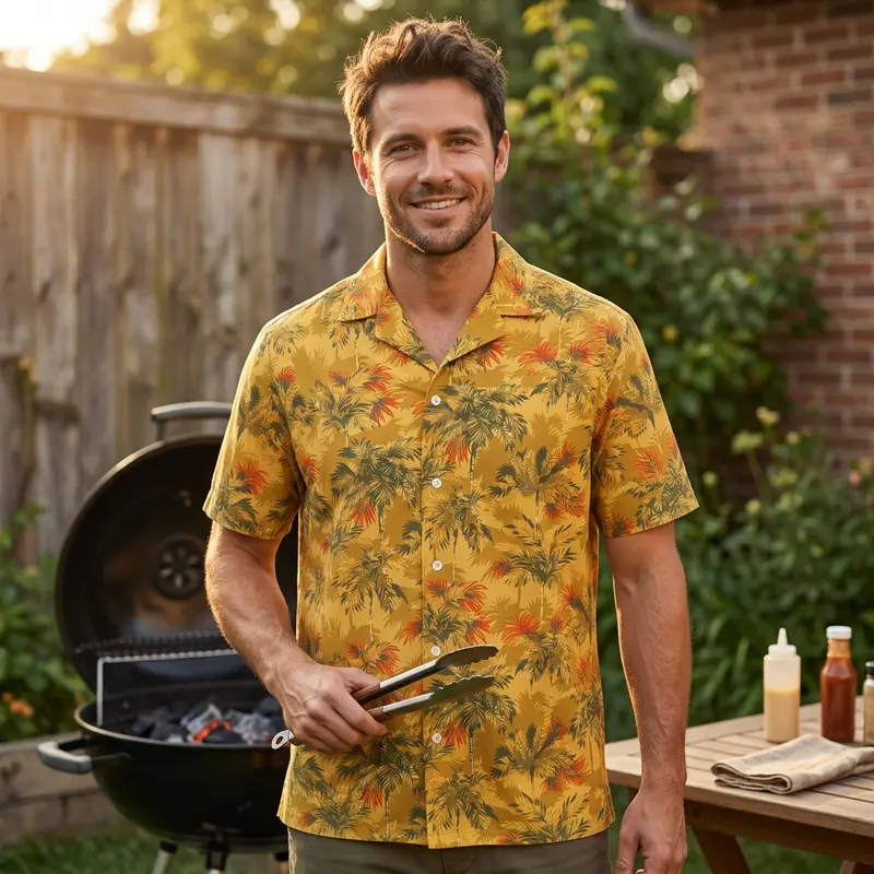 Men’s Vintage Yellow Palm Tree Tropical Print Short Sleeve Camp Collar Button Down Shirt Lightweight Breathable Soft Fabric Loose Fit Casual Top Summer Beach Holiday Outdoor Travel Daily Street Weekend Vacation Outfit For Adult Men
