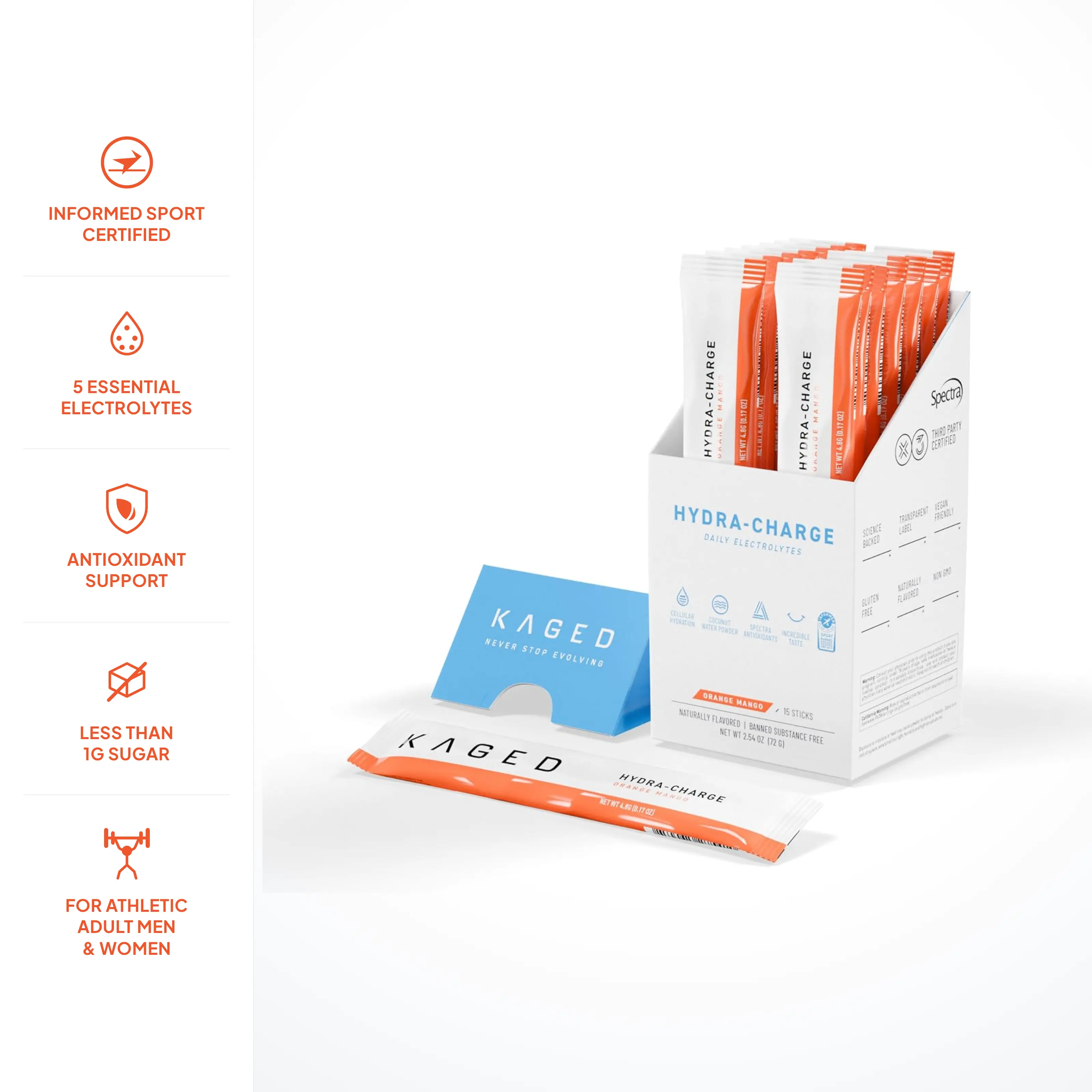 Kaged Hydra-Charge Electrolyte Powder Stick Packs, Variety Pack, 15 Sticks | On-the-Go Daily Hydration with 5 Essential Electrolytes, 1,000mg Taurine & Coconut Water | Sugar Free, 5 Calories, No Artificial Flavors | Informed Sport