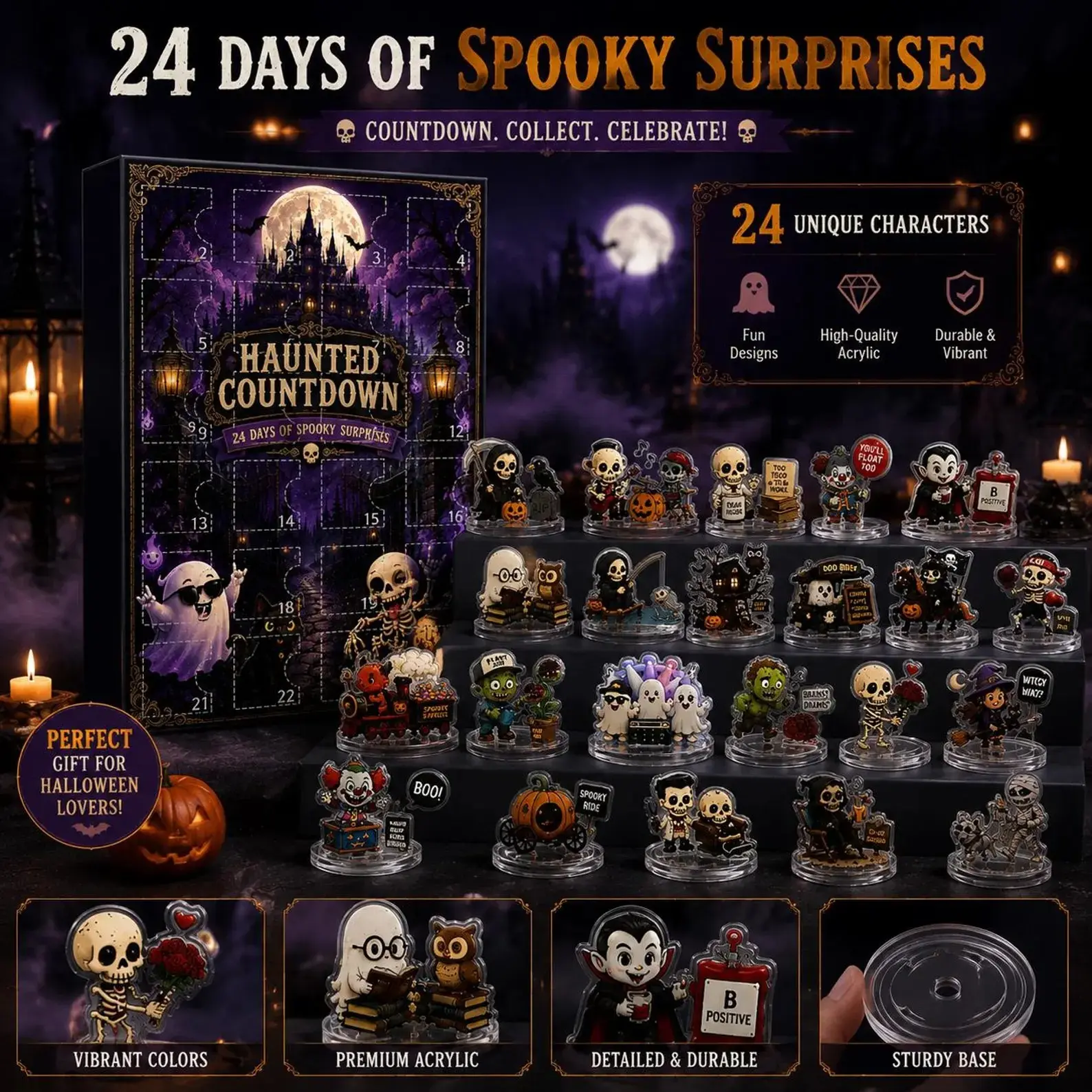 Halloween Advent Calendar Blind Box, 24 Days Spooky Surprise Countdown, Acrylic Mini Figure Set, Haunted House Decor, Halloween Gift