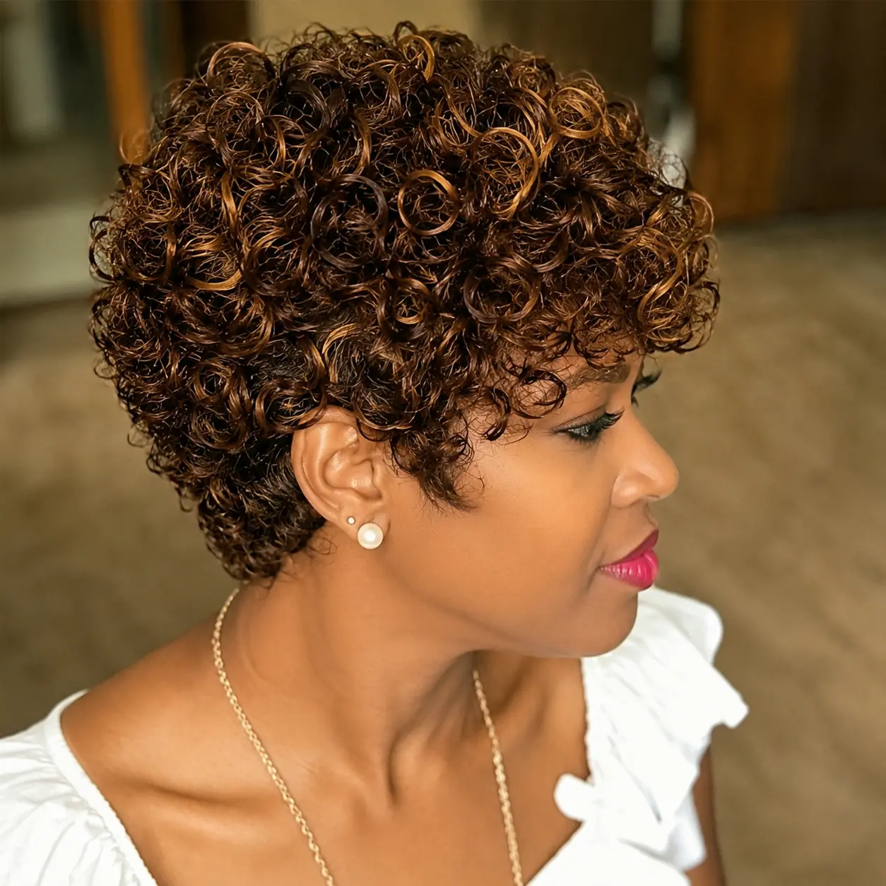 9042 Pixie Cut Wigs for Black Women Brazilian 4/30 Curly Pixie Cut Wig Human Hair Glueless Short Layered Wigs With Bangs Natural Black Color No Glue Human Hair Wig for Daily Use
