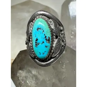 Turquoise ring Navajo signed AG leaves size 8.75 sterling silver women men