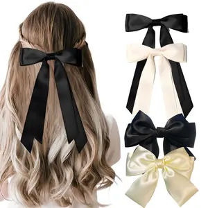 Hair Bows 4Pcs Silky Satin Hair Ribbons Cute Coquette Bows Black Beige White Oversized Long Tail Bow Hair Barrettes Metal Clips Bowknot Hair Accessories for Women Teen Girl Gifts Stuff