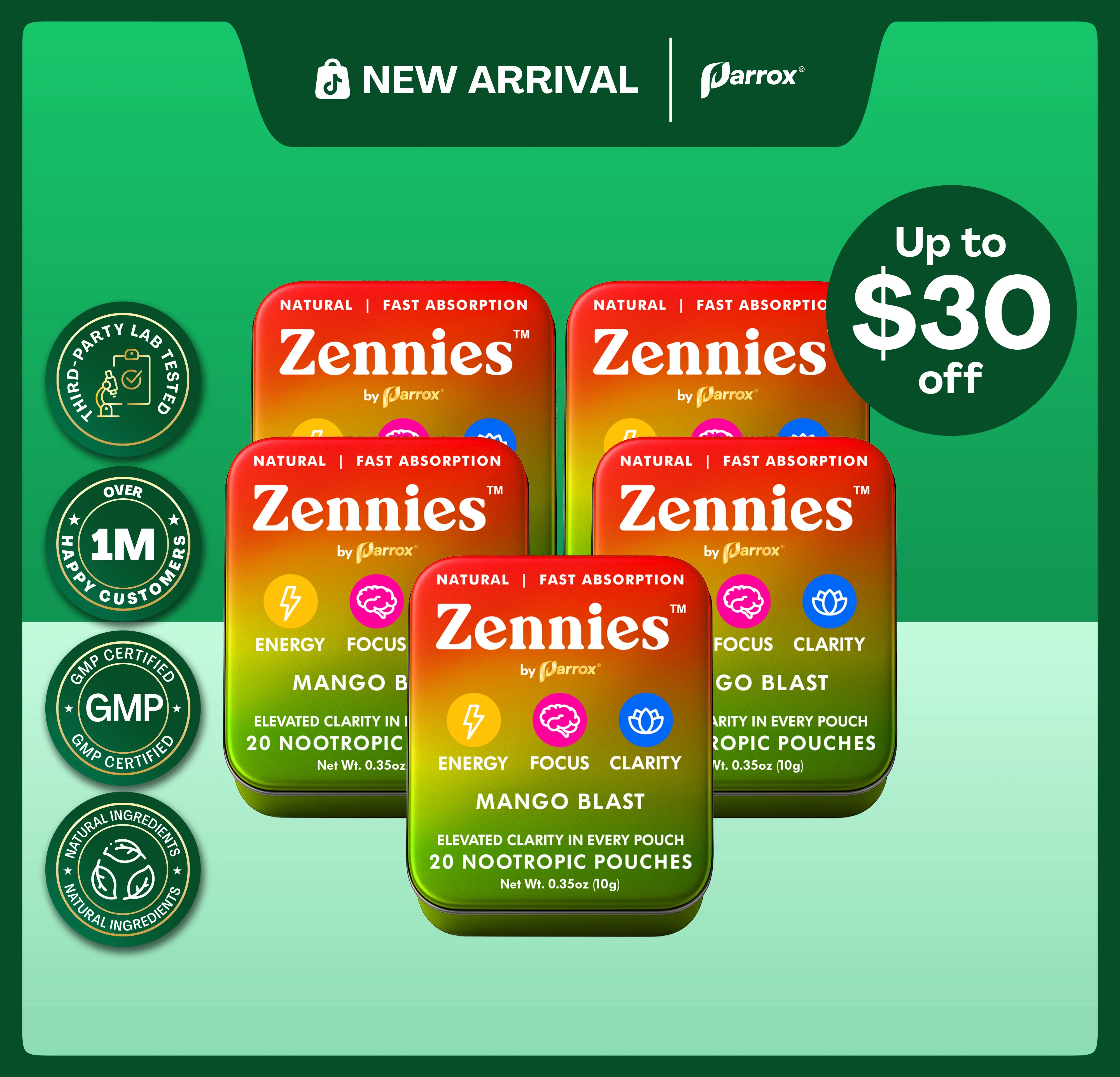 Zennies by Parrox - Caffeine Nootropic Pouches (Mango Blast Flavor) - No Nicotine, No Sugar, & All Natural - Fast Absorption for Energy, Focus, & Clarity - (20 Pouches)