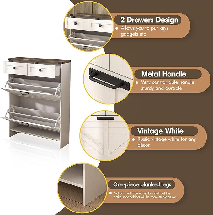 Vabches  Shoe Storage Cabinet with 2 Flip Drawers & 2 Storage Drawers, Farmhouse Slim Shoe Organizer with Legs for Entryway, Cozy High Quality Freestanding Cabinet