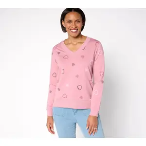 AnyBody Cozy Knit French Terry Heart Printed Pullover