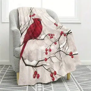 1pc Contemporary Style Christmas Red Cardinal and Berries Winter Flannel Flannel Throw Blanket - Digital Print, , All-Season, Versatile Use, 100% Polyester, Dry Clean Only-280GSM