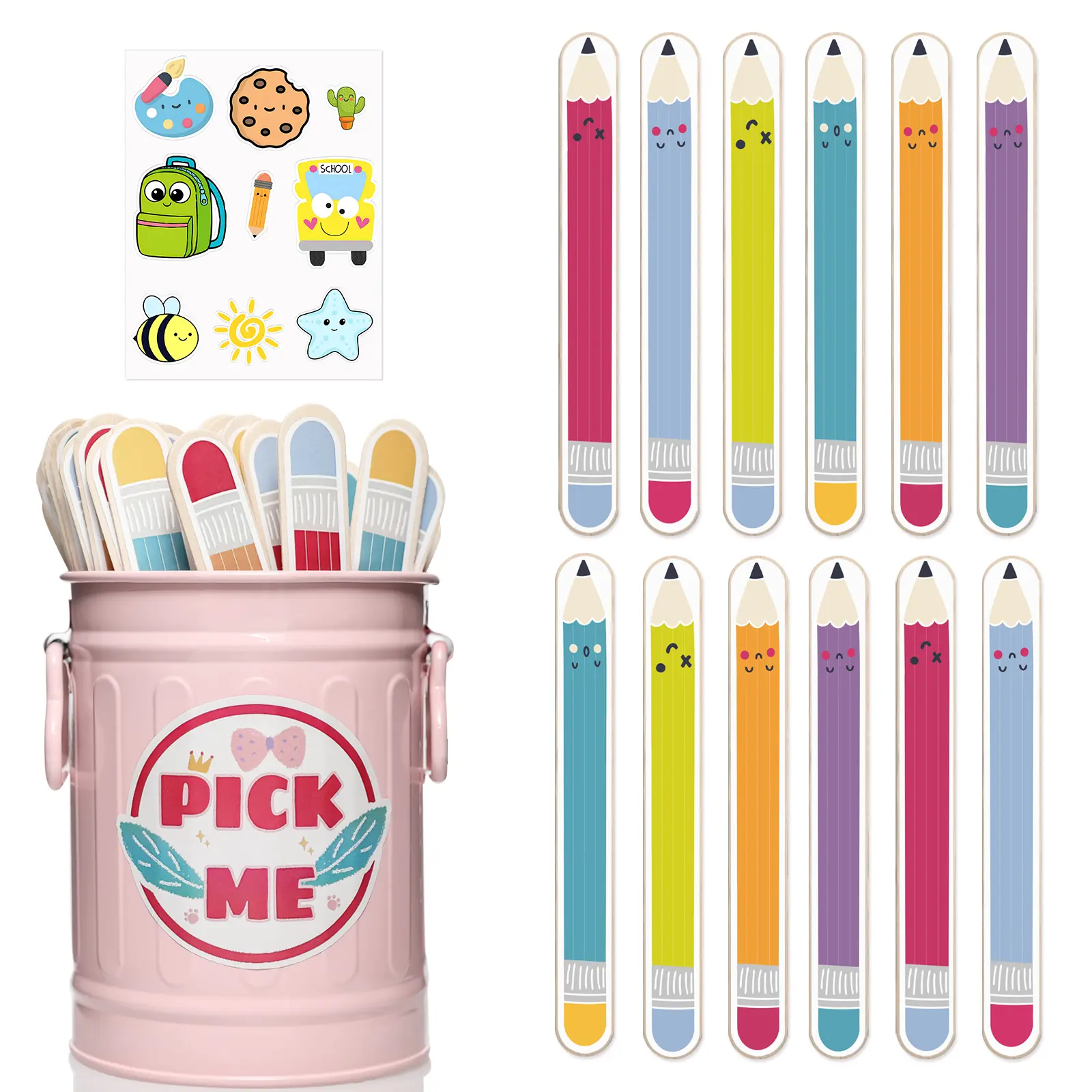 Flip Name Sticks with Metal Box and Sticker, 36Pcs Talking Flip Name Sticks for Classroom Management, Teacher Essentials Student Educational and Learning Activities (Pencil)