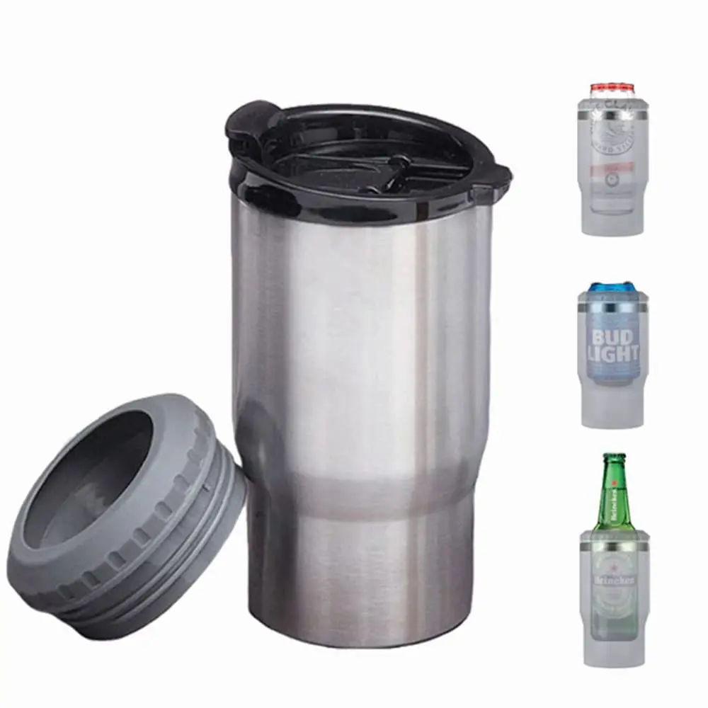 14oz 4 In 1 Stainless Steel Can Cooler Beer Bottle Insulator With 2 Lids For 12oz Can&bottle  Double Walled Insulated Thermocooler &travel Mug Holder Keeping Your Bevearge Cold (stainless Steel)