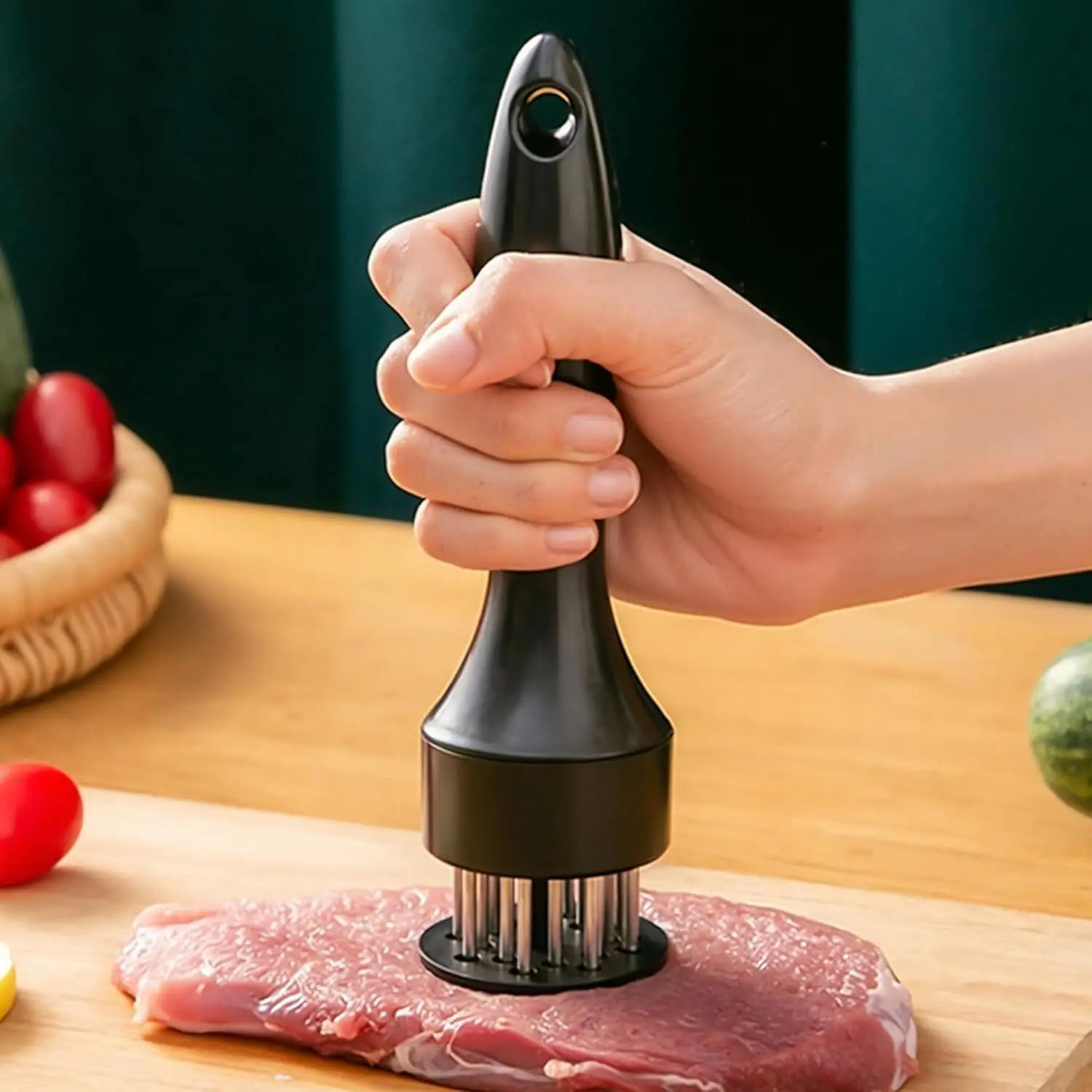 Long Handle Stainless Steel Meat Tenderizer Tool with 21 Needle Blades, Black Ergonomic Meat Piercing Tenderizer, Convenient Kitchen Cooking Gadget for Steak, Pork, Chicken and All Kinds of Meats Utensils