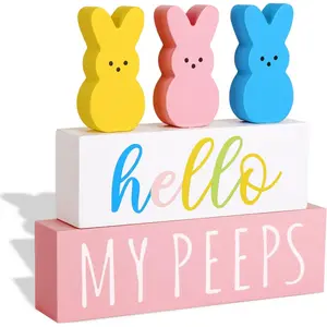Easter Decorations for The Home: 5 pcs Bunny Wooden Table Centerpiece Signs, Cute Easter Decor Peeps Rabbits Wooden Block Set Table Décor Farmhouse Rustic Tiered Tray Décor Gifts