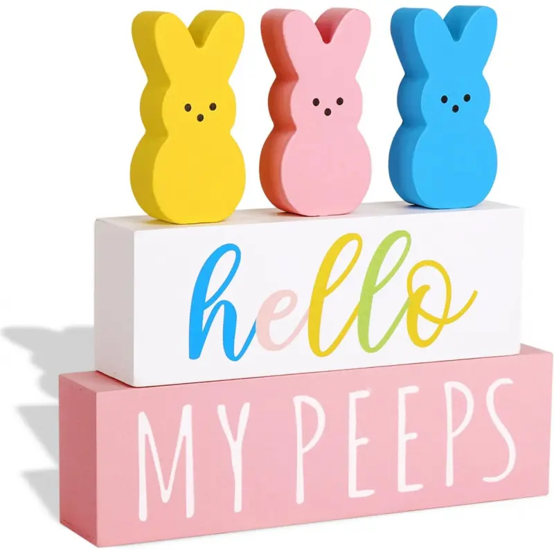Easter Decorations for The Home: 5 pcs Bunny Wooden Table Centerpiece Signs, Cute Easter Decor Peeps Rabbits Wooden Block Set Table Décor Farmhouse Rustic Tiered Tray Décor Gifts