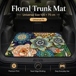 1pc Universal Bohemian Ethnic Pattern Trunk Mat, Durable Polyester Non-Slip Cargo Liner, Easy Clean Vehicle Carpet, Stylish Auto Interior Accessory