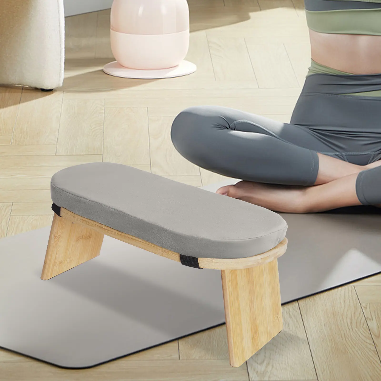 Bamboo Meditation Stool - 5° Forward Tilt, 396lbs Heavy-Duty Load, Compact Ergonomic Design, Smooth Soft Velvet Sponge Seat Cushion, Stationary Oxford Footrest Support, Stationary Base for Yoga Prayer Floor Seating