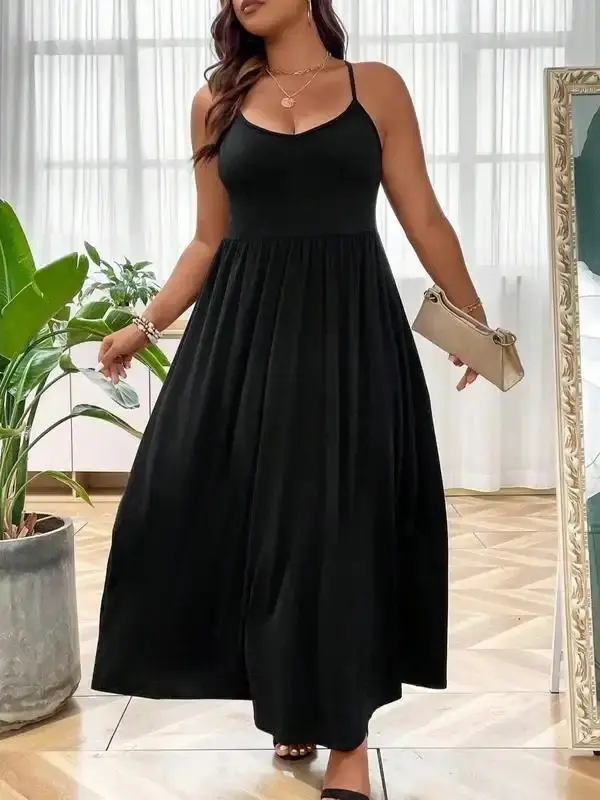 [Plus Size] Criss Cross Backless Cami Dress, Summer Clothes Women, Casual Solid Sleeveless Spaghetti Strap A-Line Dress for Summer, Women's Clothes for Party Holiday, Summer Dresses 2024