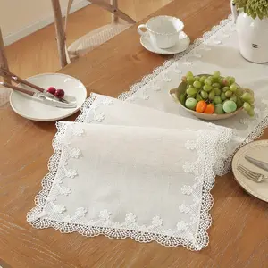 Elegant Table Runner, Polyester Fabric, Embroidered Lace Trim, Versatile for Home Kitchen Living Room, Party Decor, Wedding Decoration