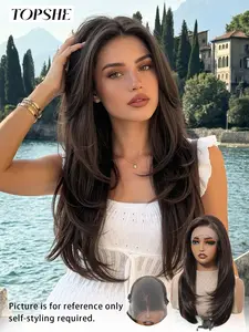 13x6 Lace Front 22 Inch Dark Brown Layered Straight Wig, Heat Resistant Synthetic Hair, Daily Wear for Women, Synthetic Lace Front Wigs