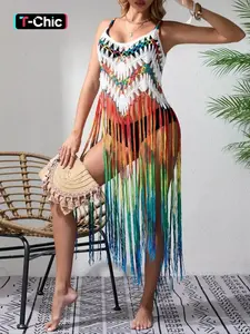 Vibrant Hand-Knitted Fringe Cut-Out Beach Cover Up Boho Style Unique Cape Dress, Loose-Fitting Colorblock Pattern, Perfect for Summer
