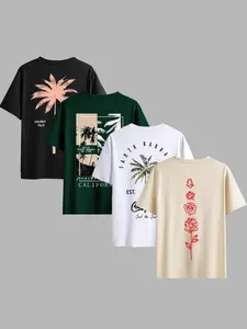 Men's 4 Pack Round Neck Short Sleeve T-Shirts, Coconut Tree Print, Tropical, Comfortable Breathable Summer Outdoor Wear, Soft Easy Care Fabric, Casual Stylish Tee