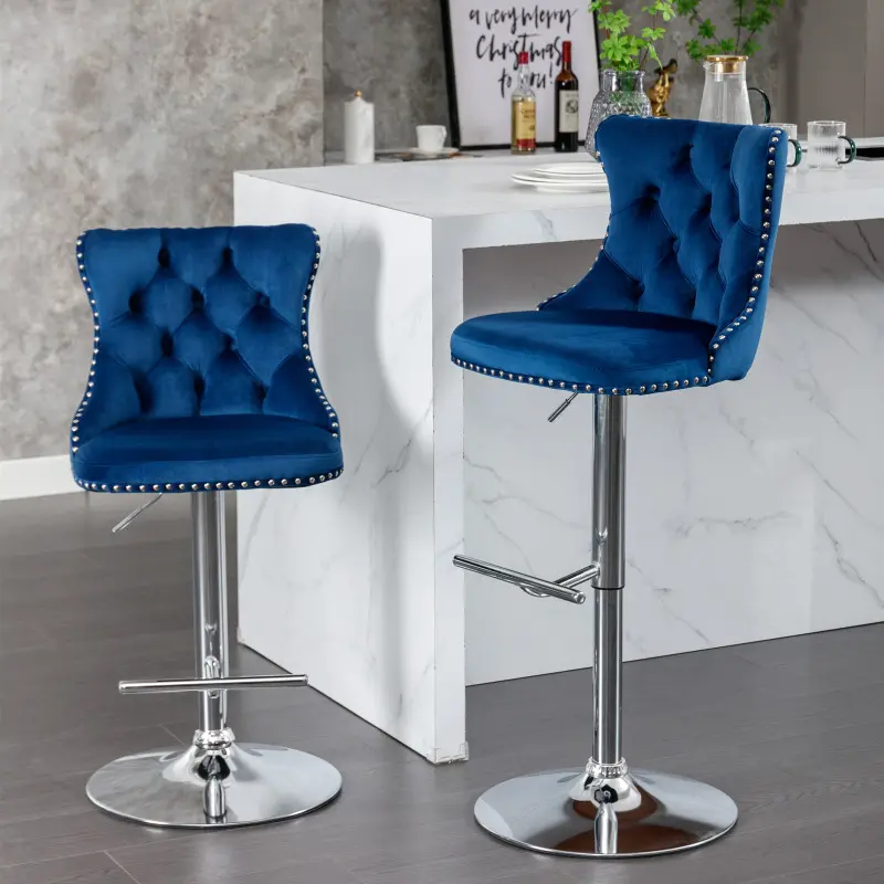 Modern Counter Height Bar Stools Set of 2 - Swivel Feature Velvet Upholstery High Back Button Tufted Nailheads Trim Adjustable Chairs for Home Bar, Kitchen Island