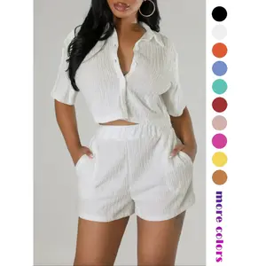 Two-piece Set Women's Textured Button Front Shirt & Elastic Waist Shorts Set, Chic Versatile Short Sleeve Collared Top & Pocket Design Shorts, Casual Style Two-piece Outfits for Women, Womenswear, Matching Clothing Set
