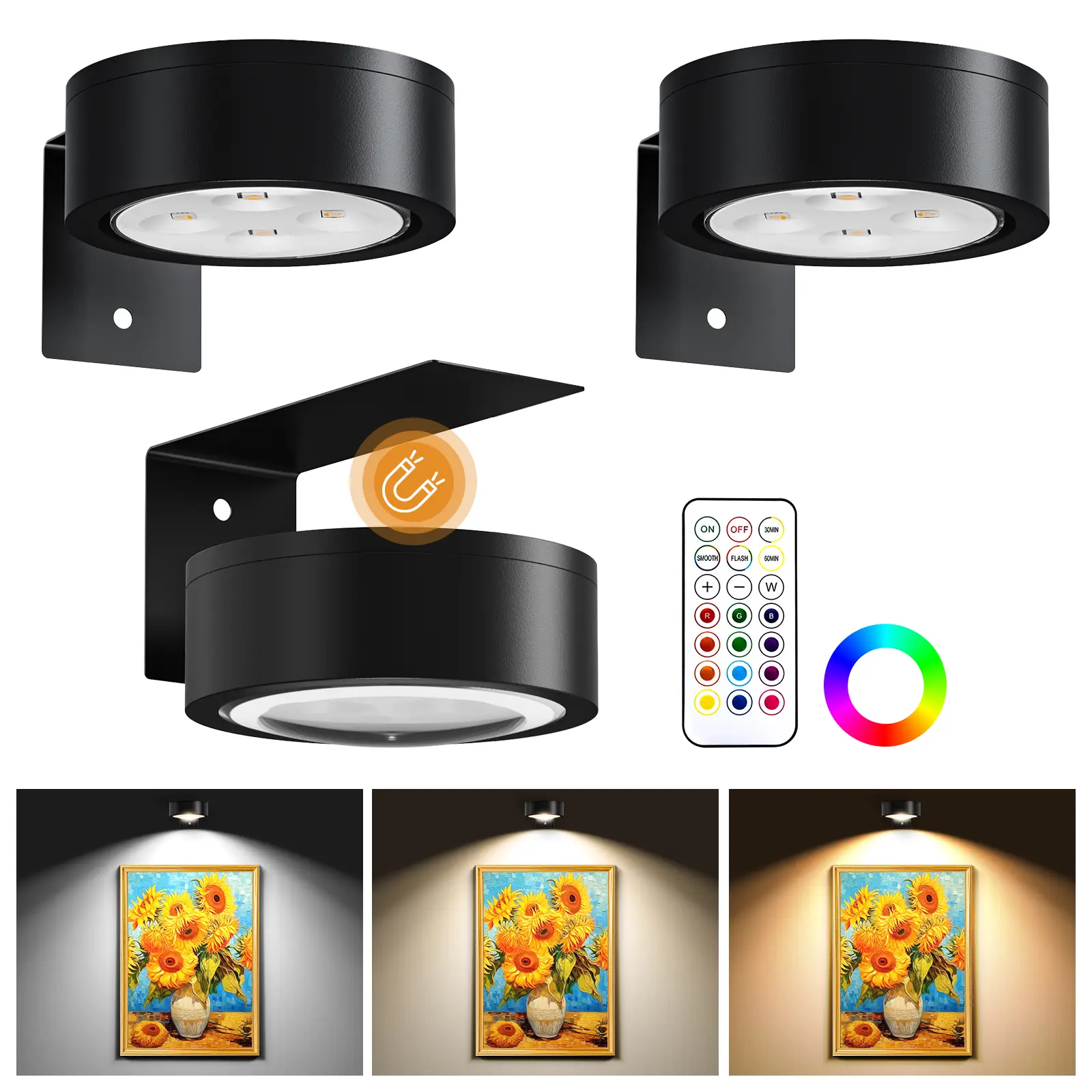 3-Pack Picture Light for Artworking, Modern Magnetic Wall Light with 12 RGB Color, Remote and Dimmable Timer for Picture, Photo, Poster, Portrait, Fra