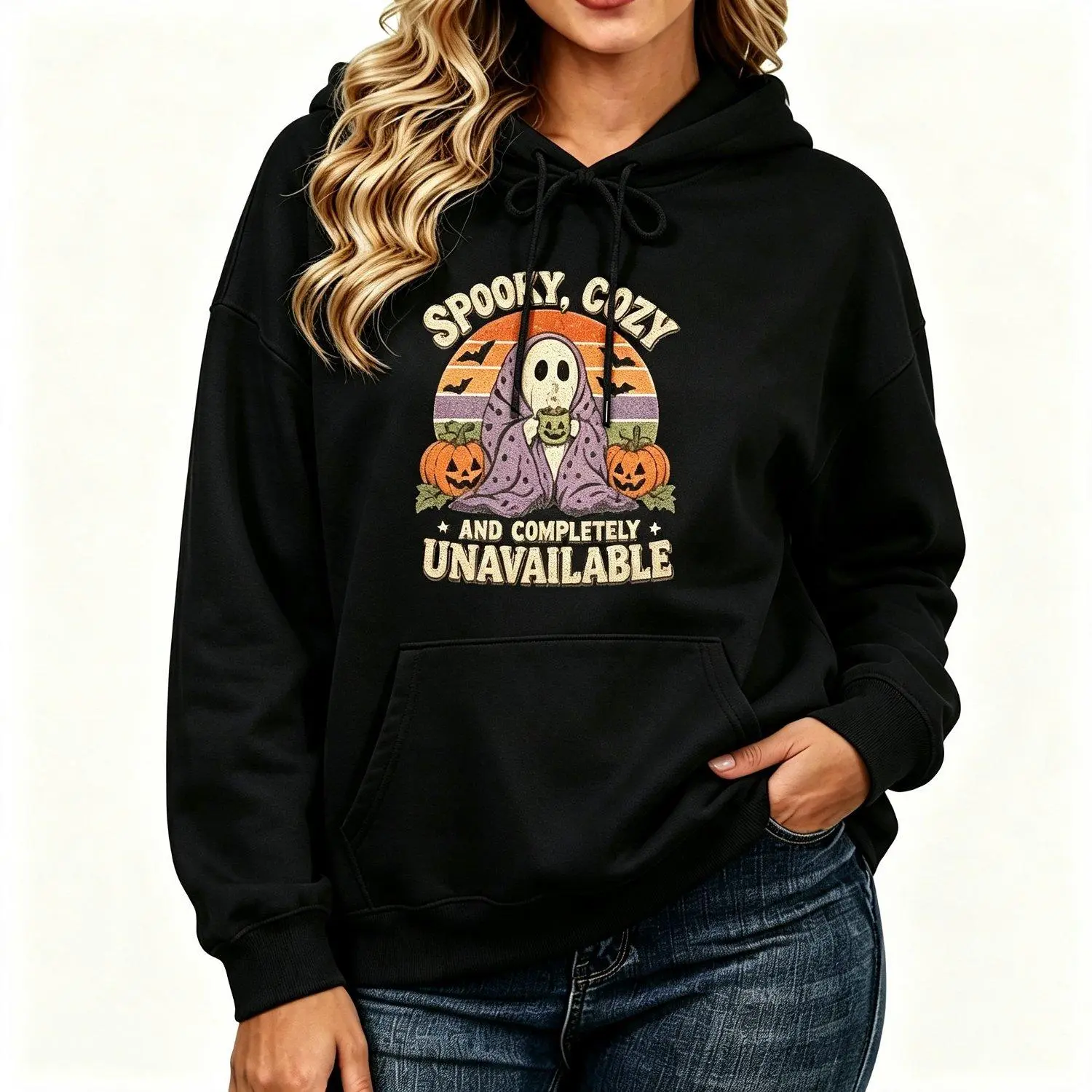 Hoodie Sweatshirt Spooky Cozy and Completely Unavailable Introvert Halloween Performance Casual Warm Pullover Outerwear